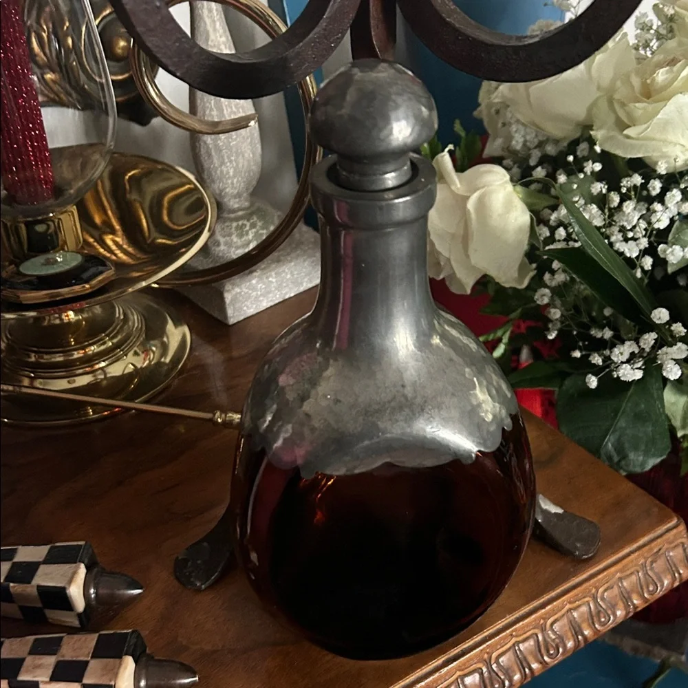 Vintage Royal Holland Daalderop Hammered Pewter & Amber Glass Decanter
